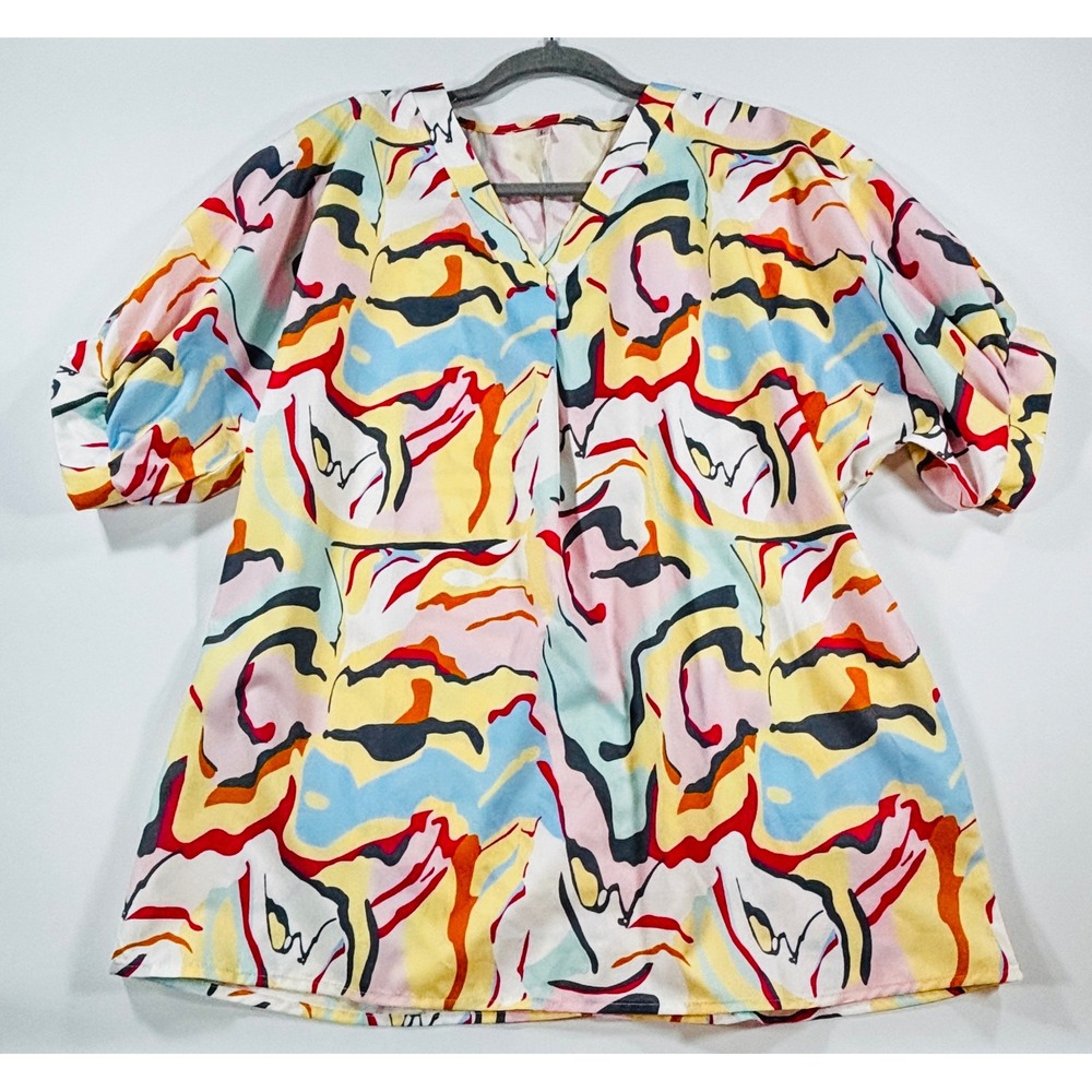 Abstract Print V-Neck Blouse Short Puff Sleeve Boho Preppy Women Size L